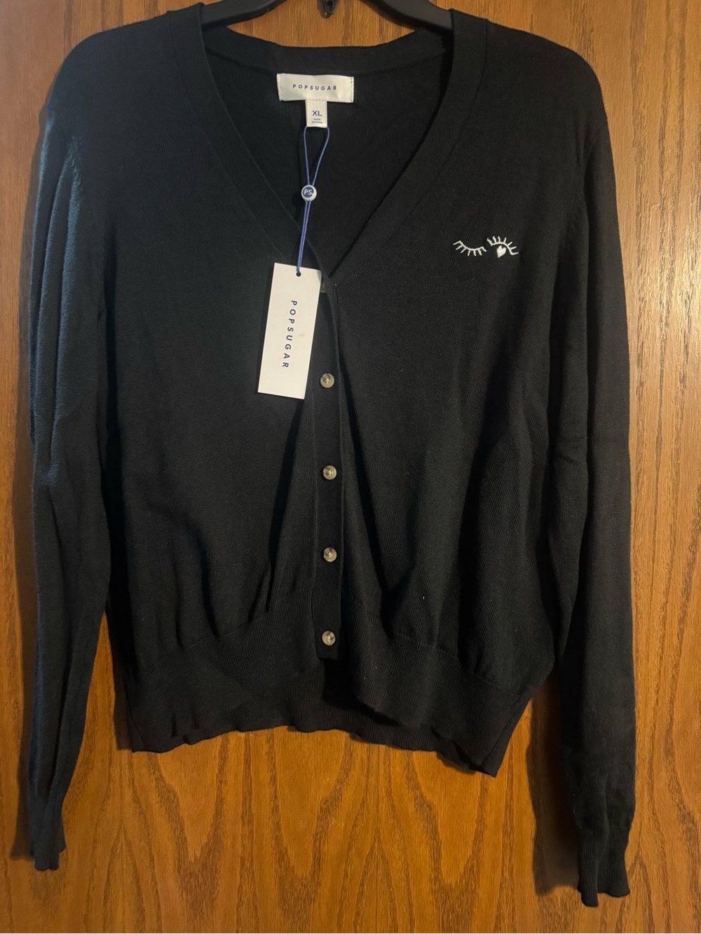 POPSUGAR Black V-Neck Button Cardigan with Eye Embroidery